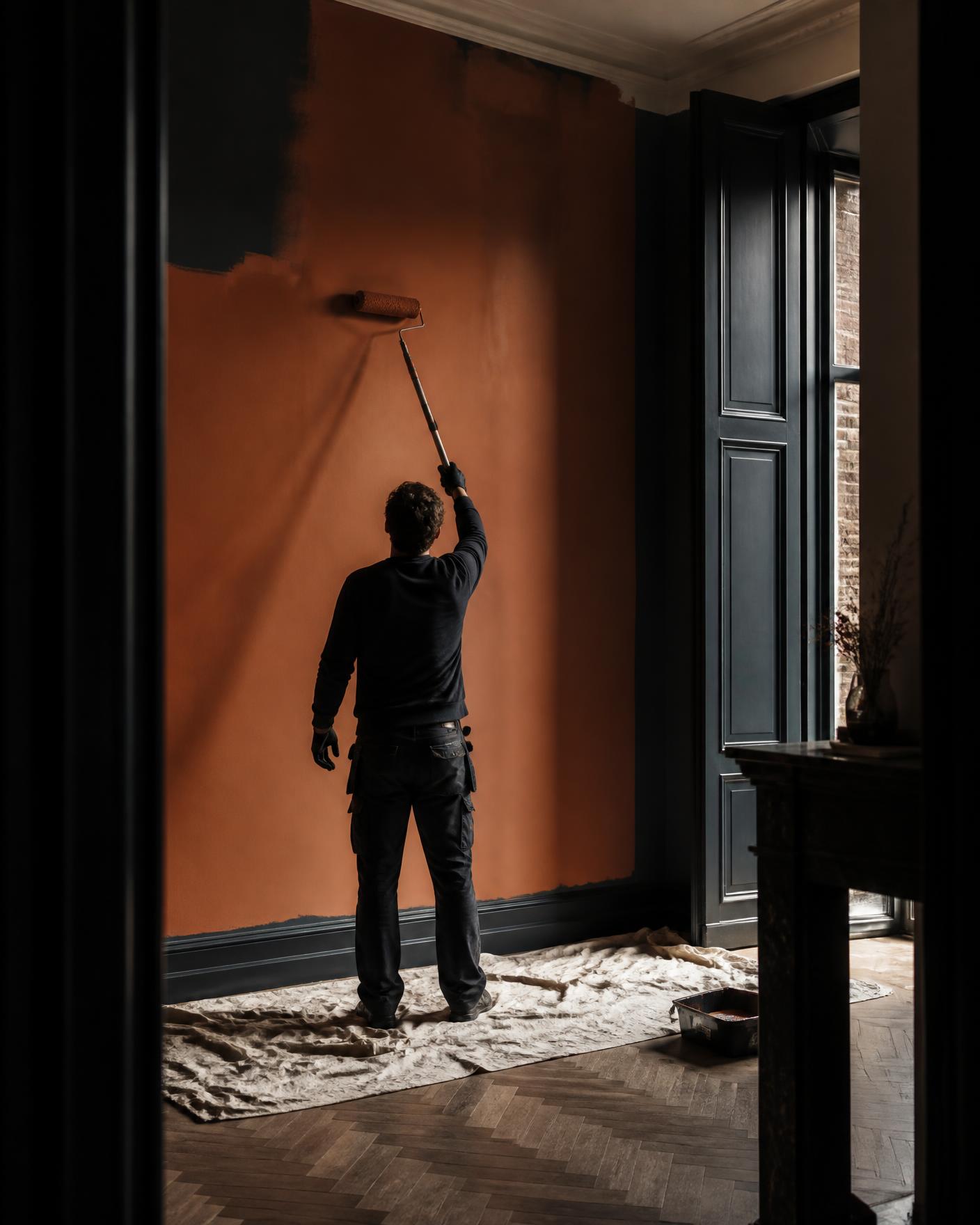 Schilder van Color-Time brengt een warme kleur aan op een hoge binnenmuur